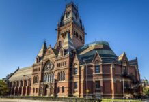 Image shows famous Harvard building against a blue sky.