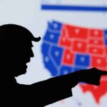 Silhouette pointing at a U.S. electoral map.
