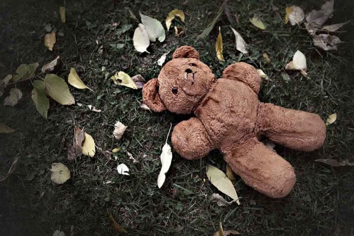 752012803 featured image Teddy bear on grass with fallen leaves.