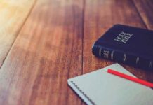 Bible and notebook on wooden table sunlight