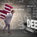 Man carrying books, avoiding a trap labeled "DEBT".