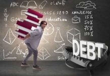 Man carrying books, avoiding a trap labeled "DEBT".