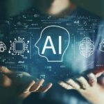 Person holding virtual icons related to artificial intelligence