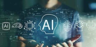 Person holding virtual icons related to artificial intelligence