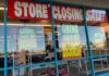 Store closing sale with going out of business signs