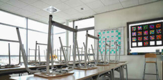 Empty classroom with chairs on top of desks