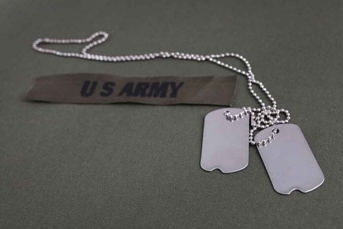 Dog tags and US Army patch on uniform