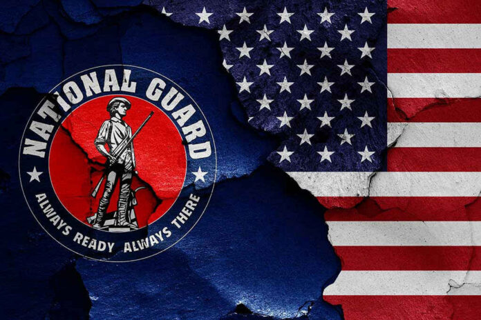 National Guard logo over a distressed American flag.