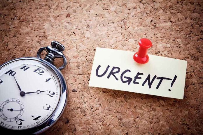 248172922 Pocket watch and urgent note pinned on corkboard
