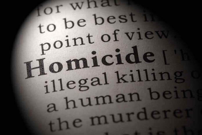 Magnified text showing definition of homicide.