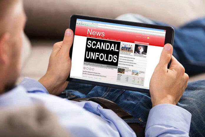 Person reading tablet with headline Scandal Unfolds