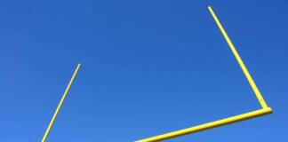 Yellow football goalpost against a clear blue sky