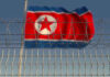 Barbed wire fence with North Korean flag behind