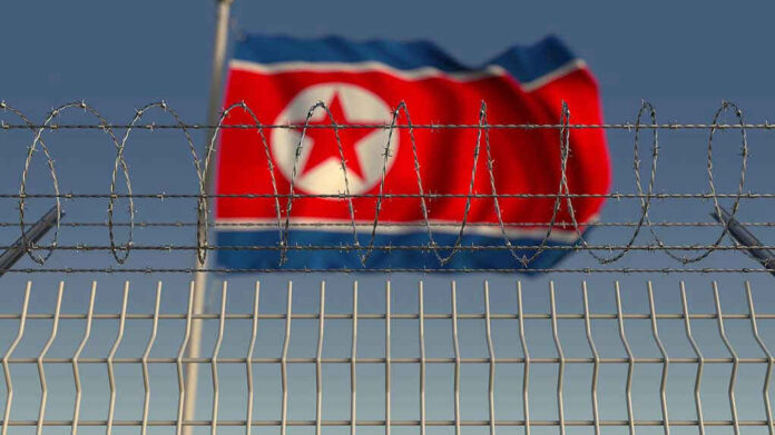 Barbed wire fence with North Korean flag behind