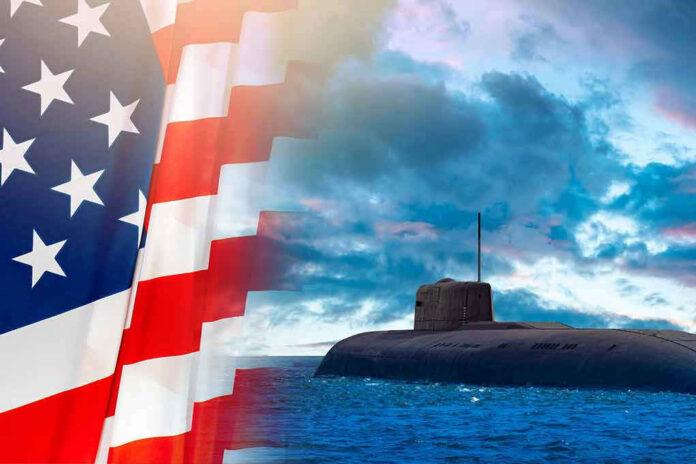 2068617785 American flag and submarine at sea under a cloudy sky