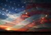 A sunset with an overlay of the American flag and dramatic clouds