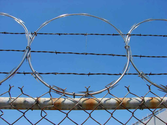 Barbed wire and metal fencing against blue sky.