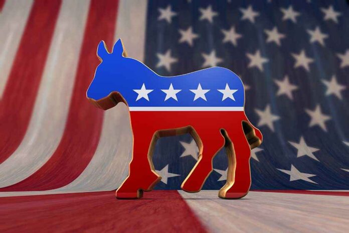 A donkey symbol representing the Democratic Party in front of an American flag background