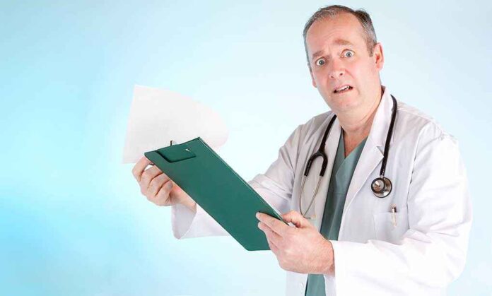 A doctor in a white coat looking surprised while holding a clipboard