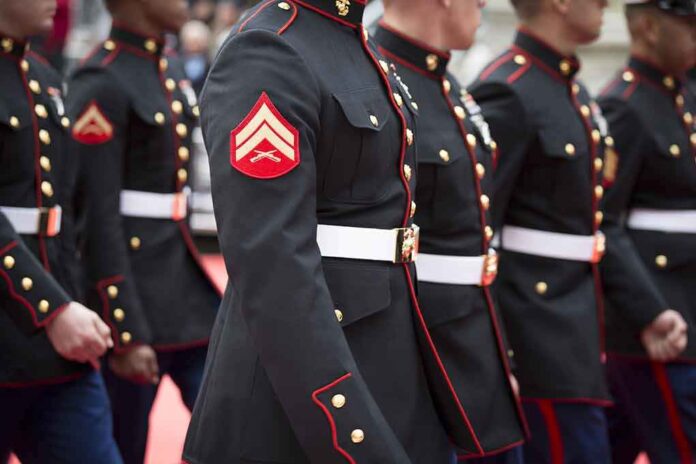 Marines in formal uniforms marching during a parade
