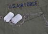 Closeup of a US Air Force uniform with dog tags