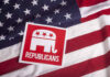 Republican symbol on American flag background.