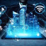 Massive AI Shopping War Erupts Holographic city above tablet with technology icons.
