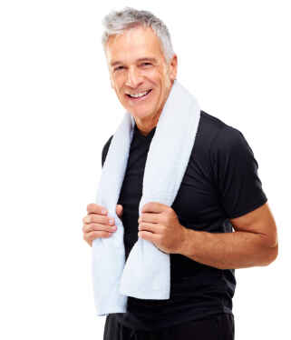 Smiling older man wearing a black shirt with a towel around his neck