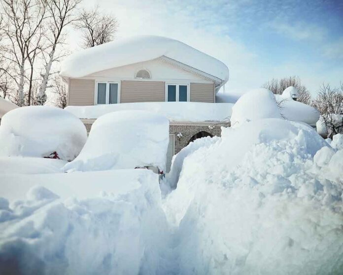 A house surrounded by deep snow drifts after a heavy snowfall
