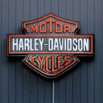 Harley-Davidson Motor Cycles logo on dark wall.