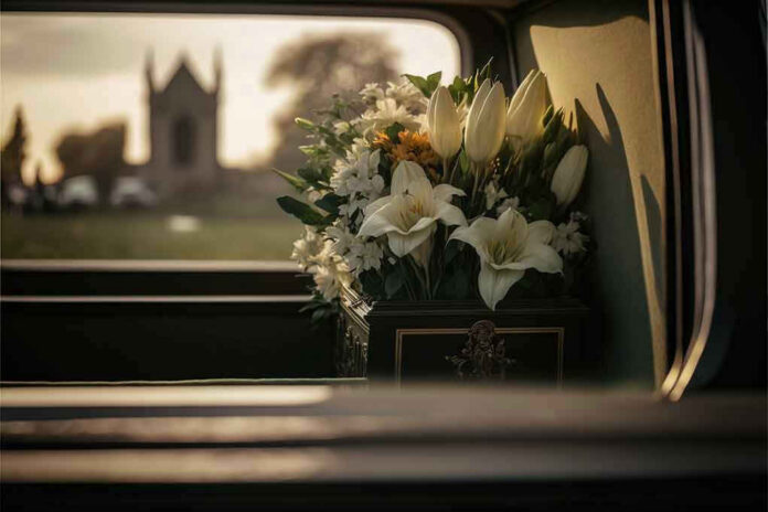 White flowers in a car with blurred background.