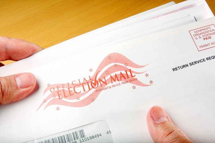 A hand holding an envelope labeled Official Election Mail