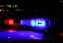 Illegal Migrant Rape Out Of Control After Governor’s Policy Change! Close-up of police lights flashing in blue and red at night