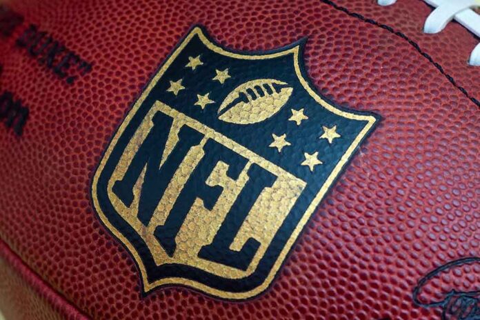 Close-up of an NFL football with the logo prominently displayed