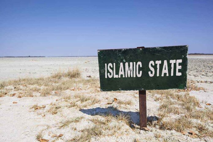 shutterstock_478781668 (1).jpg A weathered sign reading 'ISLAMIC STATE' in a barren landscape