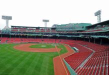 View of an empty Fenway Park baseball stadium with green grass and red seats