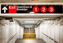 Subway exit sign indicating Downtown and Brooklyn with train numbers 1, 2, and 3