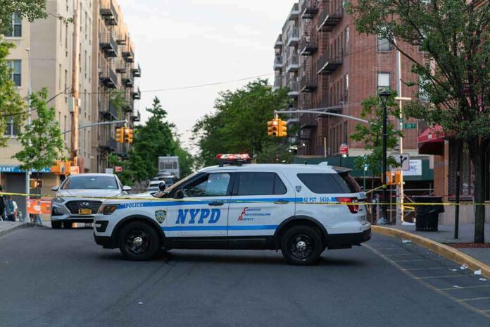 shutterstock_1976471618 NYPD police SUV blocking a city street at a taped-off scene