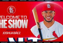 Joshua Báez homers on the 1ST PITCH HE SEES in his MLB debut for the Cardinals! 😱 (449 FEET! 💪)