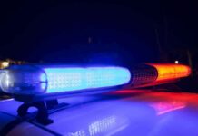 Police car light bar flashing blue and red at night