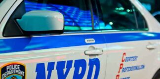 NYPD patrol car side with blue stripe and door lettering