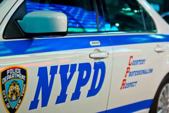 NYPD patrol car side with blue stripe and door lettering