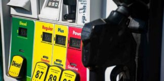 Gas pump with diesel, regular, plus, and premium fuel options