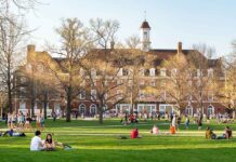 Rapes Rampant Across College Campuses Students relaxing on a campus quad in front of a brick academic building