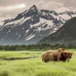 Brown bear grazing in a green meadow beneath snowy mountain peaks