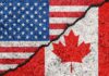 USA and Canada flags with a cracked border