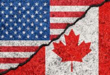 USA and Canada flags with a cracked border