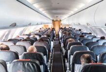 Airplane Cabin CHAOS, Roof Collapses Mid-Flight Airplane cabin with passengers seated in rows