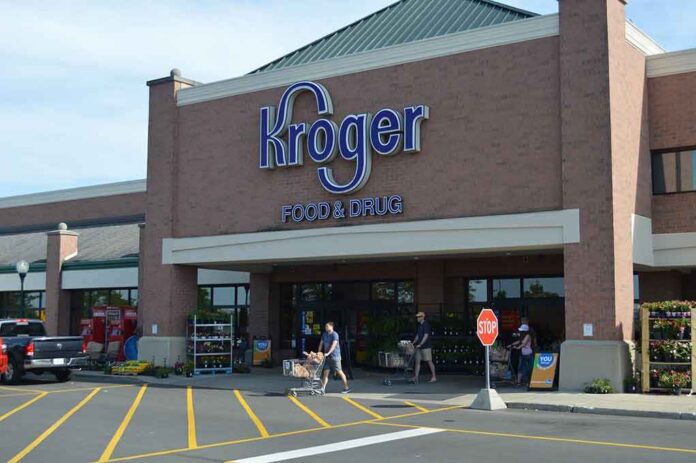 Kroger storefront with shoppers and carts