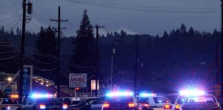 Police cars with flashing lights block a road at night